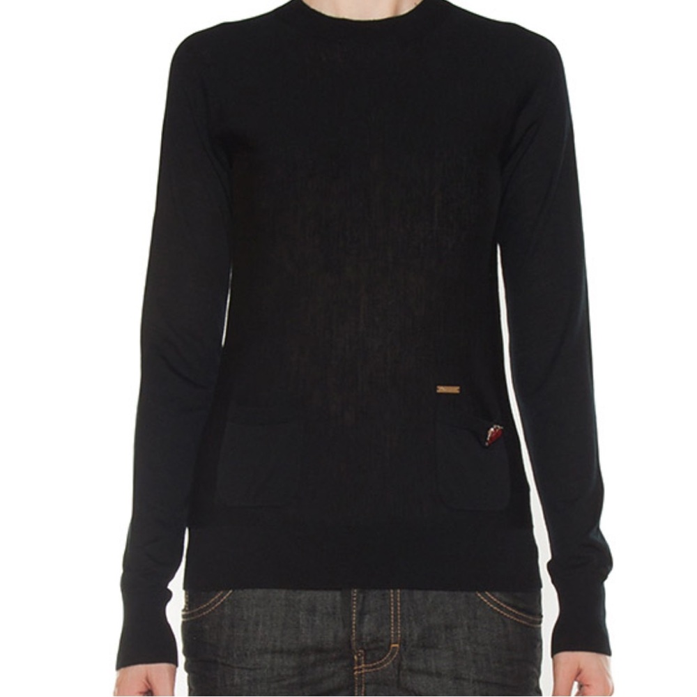 NWT DSQUARED2 Women’s Black Crewneck Sweater with Patch Pockets 100% Wool XS